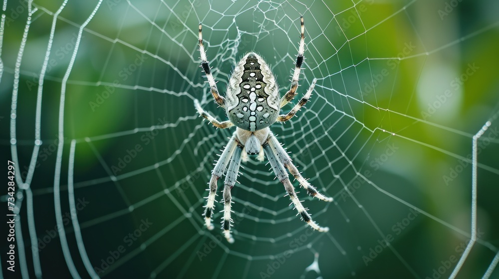 Poster a close up of a spider on a web in the middle of it's web, with a blurry background.
