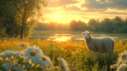 Sheep grazing by lake, idyllic sunset, serene rural scenery.