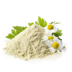 close up pile of finely dry organic fresh raw feverfew herb powder isolated on white background. bright colored heaps of herbal, spice or seasoning recipes clipping path. selective focus - obrazy, fototapety, plakaty