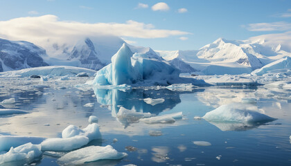 Fototapeta na wymiar Majestic mountain peak reflects in tranquil glacier lagoon, frozen beauty generated by AI