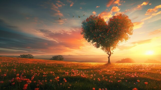 Heart-shaped flowering tree growing on a wide plain, bathed in the warm glow of the setting sun
