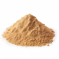 Poster close up pile of finely dry organic fresh raw flaxseed flour powder isolated on white background. bright colored heaps of herbal, spice or seasoning recipes clipping path. selective focus © cerulean std