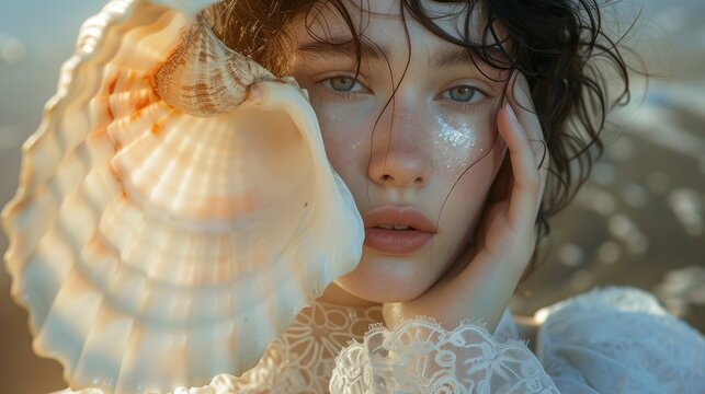 a close up of a woman holding a shell near her face and looking at the camera with a serious look on her face.