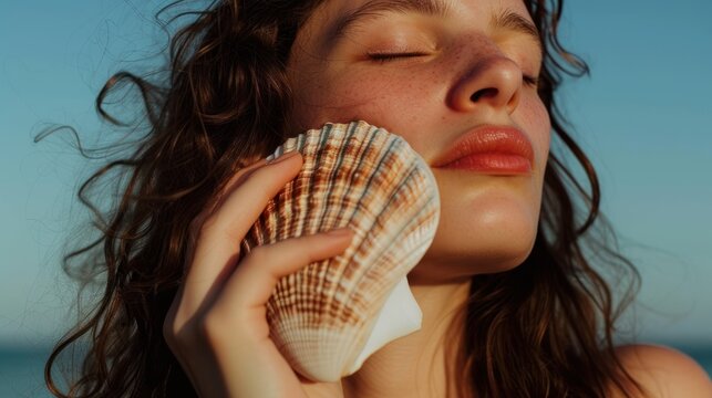a close up of a woman holding a seashell up to her face with a blue sky in the background.
