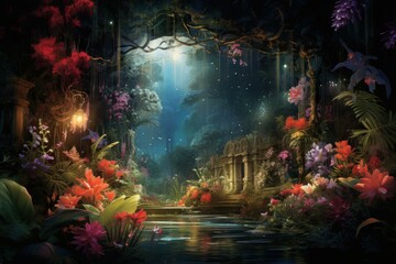 Obraz premium Paradise garden flowers. Bloom nature summer. Generate Ai