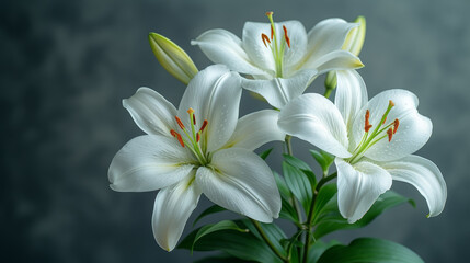 Fototapeta na wymiar Pure White Lily Bouquet in Soft Light