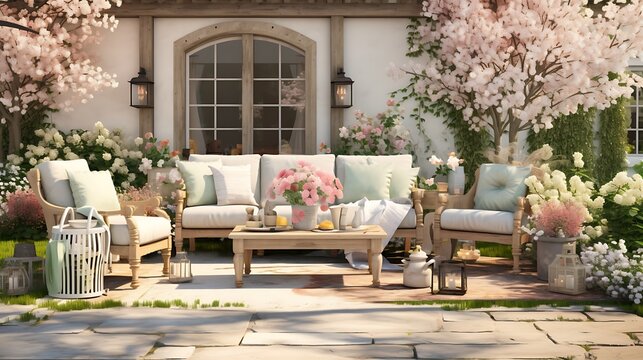 Visualize a stunning scene of an outdoor sofa set nestled in a garden, adorned with tasteful Easter decor. The realism in this image is breathtaking, capturing the essence of a perfect spring day.