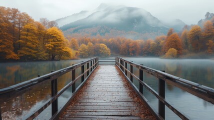 a wooden dock in the middle of a lake surrounded by trees with yellow and orange leaves in the foreground and a mountain in the background.
