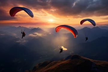 Fototapeten Scenic Paragliders mountains sunset background. Extreme sport. Generate Ai © juliars