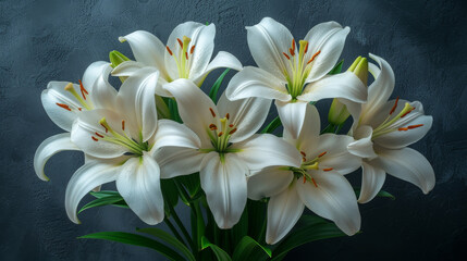 Fototapeta na wymiar Fresh White Lilies Display, Vibrant Stamen, Artistic Floral Composition