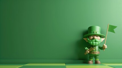 The image showcases a three-dimensional leprechaun character standing to the left on a simple green and dark green tiled floor. The character is adorned in traditional mythical Irish attire, with a gr - obrazy, fototapety, plakaty