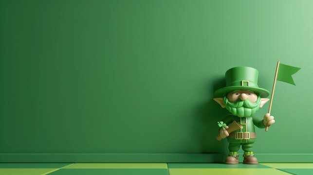 The image showcases a three-dimensional leprechaun character standing to the left on a simple green and dark green tiled floor. The character is adorned in traditional mythical Irish attire, with a gr