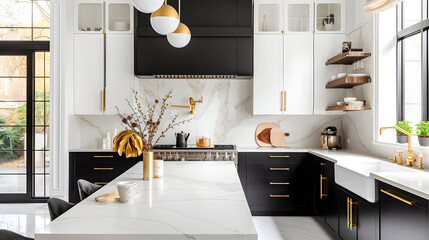 Black and white Marble Kitchen with Gold Accents, interior decor modern rental luxury