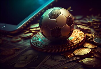 online betting on the football championship. smartphone, dollar coins and soccer ball in the crown. 3D render. Generative AI
