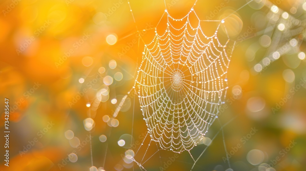 Canvas Prints a close up of a spider's web on a blurry background of yellow and orange leaves and grass.