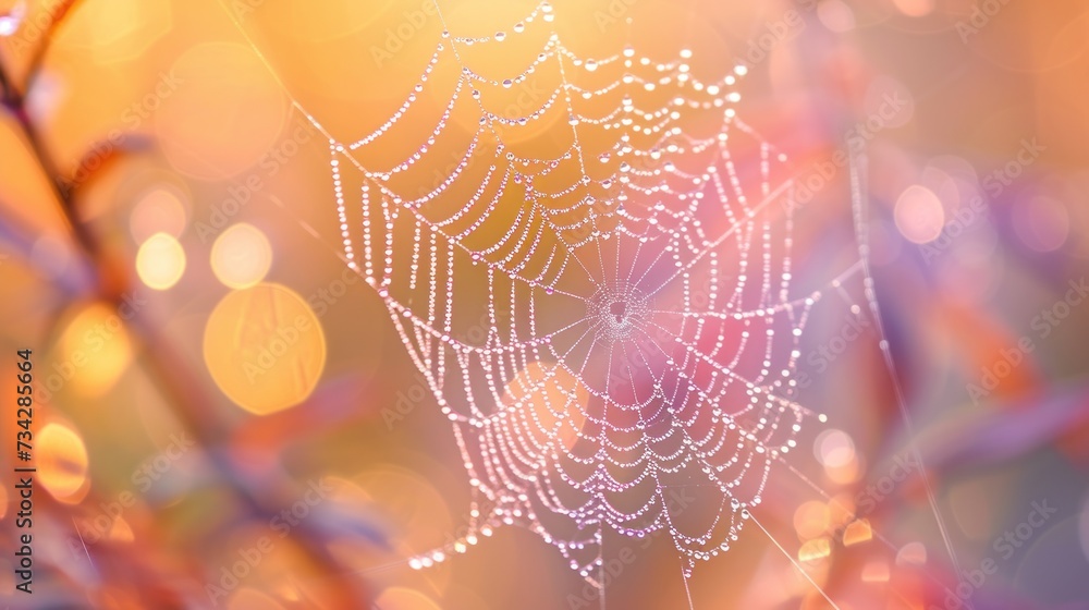 Aufkleber a close up of a spider web on a blurry background with a blurry image of the spider web.