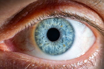 Male Blue Colored Eye with Yellow Pigment Spots and Lashes. Pupil Opened. Close Up. Structural...