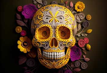 Hispanic heritage sugar skull marigold  Festive dia de los muertos background 3d render digital illustration. Generative AI