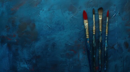 Artist's Paintbrushes on blue textured grunge backgrounds with copy space