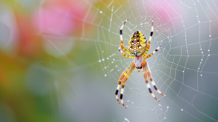 a close up of a yellow and black spider with water droplets on it's back and a pink flower in the background.