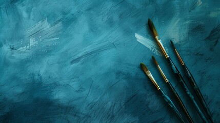 Artist's Paintbrushes on blue textured grunge backgrounds with copy space