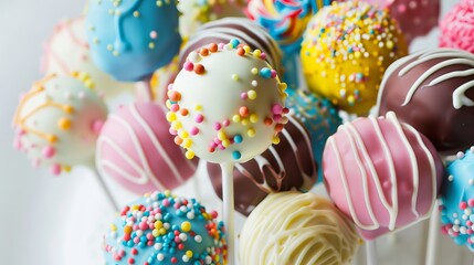 Assorted various cake pops with colorful decorations on white background