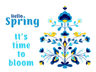 Hello spring design with flowers and birds on tree of life.