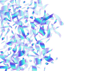 Decorative party confetti scatter vector illustration. Blue  hologram particles christmas vector. Cracker poppers falling confetti. Holiday celebration decoration background. Joy particles.