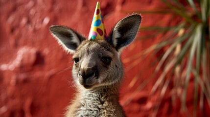 Fototapeta premium Kangaroo joey with birthday hat generative ai