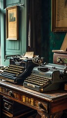 two old fashioned typewriters sitting on a desk