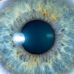 Super magnification of the male green-blue coloured eye. Close-up of the pupil. Structural anatomy....