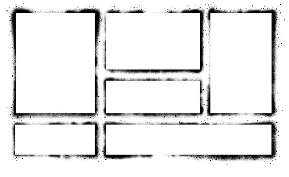 Spray paint graffiti stencil frames. Black airbrushing paint banner, stenciling backdrop and spray paint texture borders. Brush splash abstract rectangular stencil border. Isolated vector icons set 