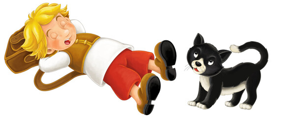 Obraz premium Cartoon farm character farmer man boy child with happy black cat isolated illustration for kids