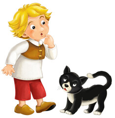 Cartoon farm character farmer man boy child with happy black cat isolated illustration for kids