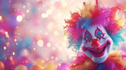 The image showcases a vibrant clown character with a face painted in white, accented with exaggerated red lips, a red nose, and dramatic eye makeup. The clown's hair is a frizzy explosion of rainbow c