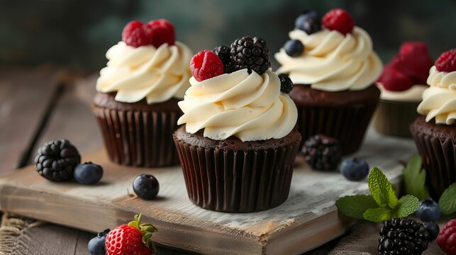 Chocolate cupcakes with cream cheese frosting and fresh berries, lovely and delicious dessert snack background