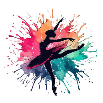 illustration of a dancing girl, silhouette of a female ballet dancer with colorful gradient paint splashes