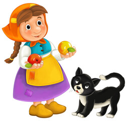 Cartoon farm character farmer woman girl woman with happy black cat isolated illustration for kids