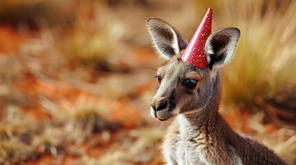 Kangaroo joey with birthday hat generative ai