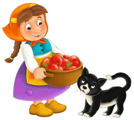 Cartoon farm character farmer woman girl woman with happy black cat isolated illustration for kids