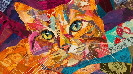 Colorful cloth collage artwork of a cat, contemporary art, home decoration of a cat