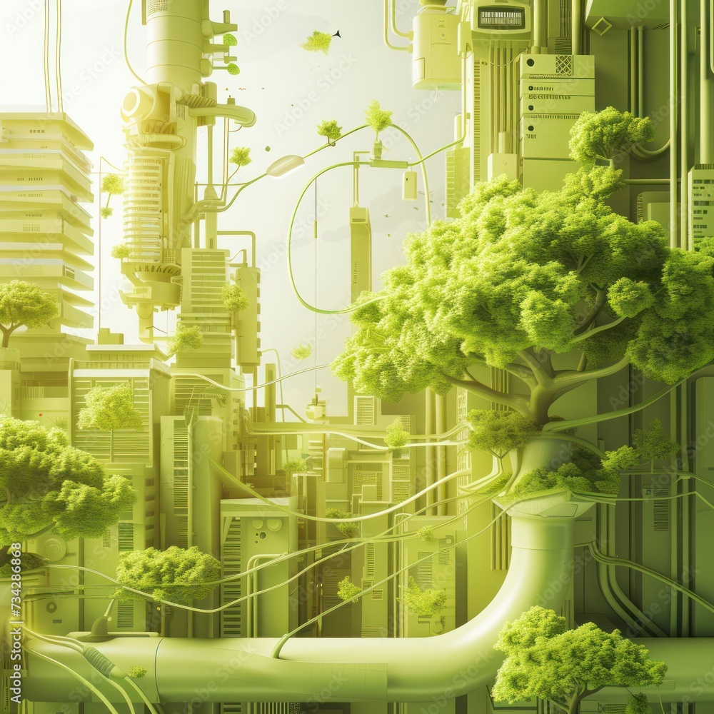 Poster a painting of a city with a tree in the foreground and a pipe running through the center of the pict