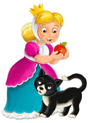 Cartoon character - royal princess cheerful standing and smiling with happy black cat isolated illustration for children