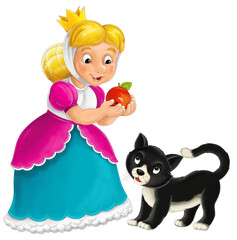 Cartoon character - royal princess cheerful standing and smiling with happy black cat isolated illustration for children