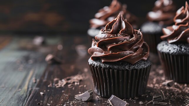 Dark chocolate cupcakes with chocolate frosting on dark wooden background, delicious homemade cupcakes