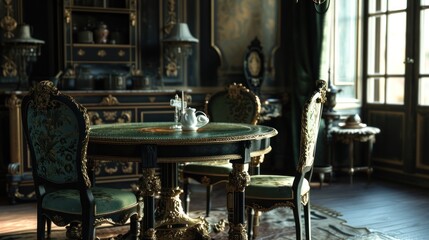 a room with a table, chairs, and a china cabinet with a clock on the wall and a rug on the floor.