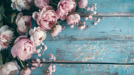 Fresh bunch of pink peonies and roses on wooden rustic background. Card Concept, pastel colors, close up image, copy space