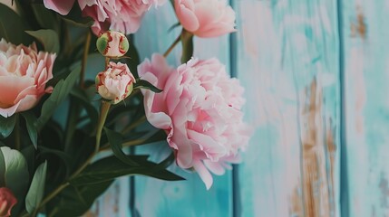 Fresh bunch of pink peonies and roses on wooden rustic background. Card Concept, pastel colors, close up image, copy space