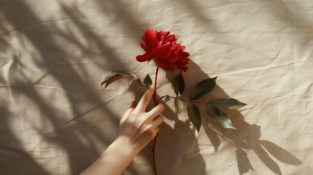 Female hand holding red peony rose flower branch stem on beige background with sunlight shadows, graceful spring floral backgrounds