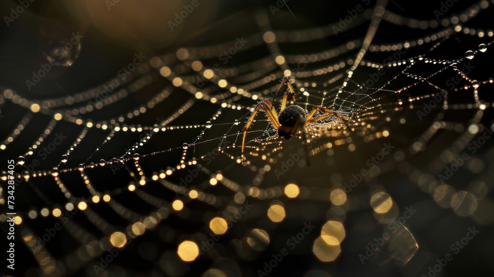 Poster a close up of a spider's web with drops of dew on it's spider's web.